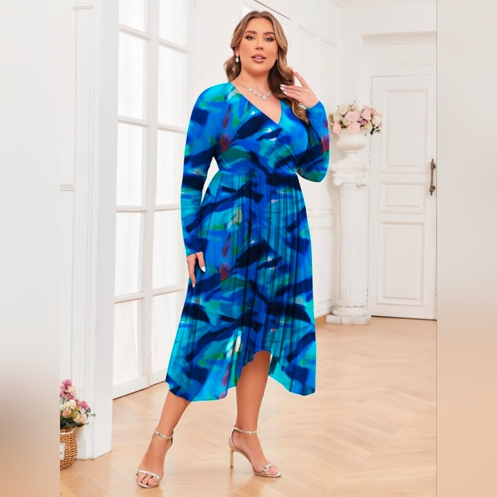 Elegant Blue Patterned Long Sleeve Dress